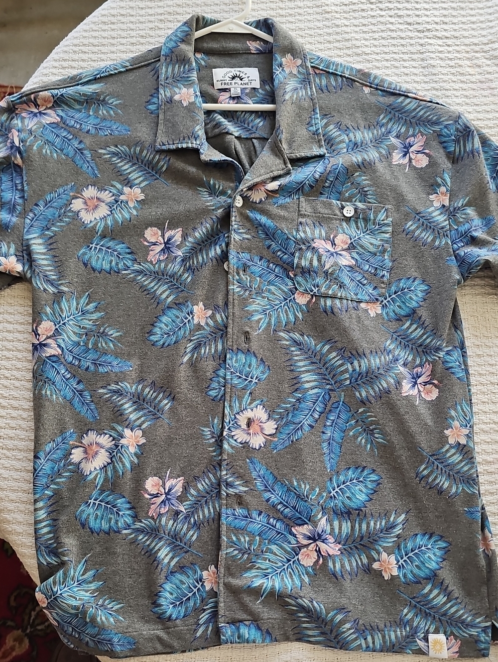 Free Planet Gray Button-Down Shirt with Blue Tropical Print